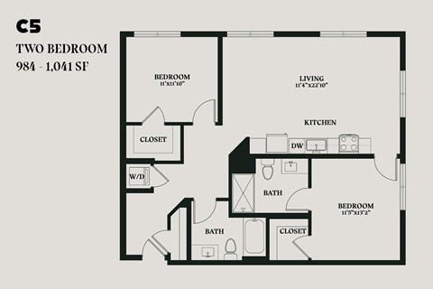 Floor plan for 2 beds, 2 baths, 1041 sqft